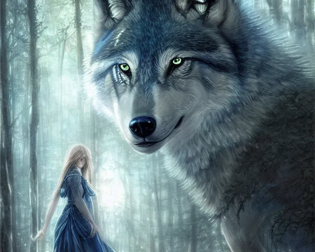 Image similar to 5 5 mm portrait photo of an armored holy angelic wolf with blue eyes and looking at the camera, glowing with holy lights, in a magical forest. magical atmosphere. art by greg rutkowski and luis royo. highly detailed 8 k. intricate. lifelike. soft light. nikon d 8 5 0.