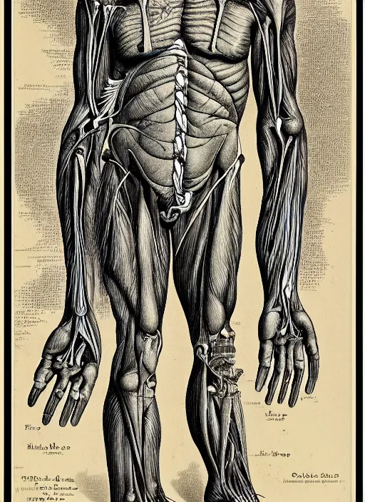 Image similar to vintage medical anatomical illustration of sasquatch, highly detailed, labels, intricate writing