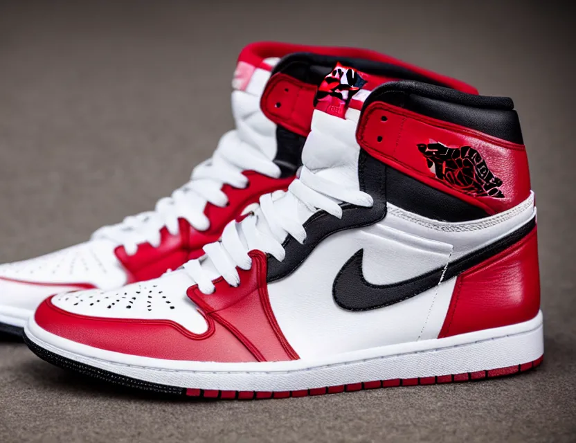 Image similar to a press photograph of nike jordan 1 red white and black, size 1 0, white background