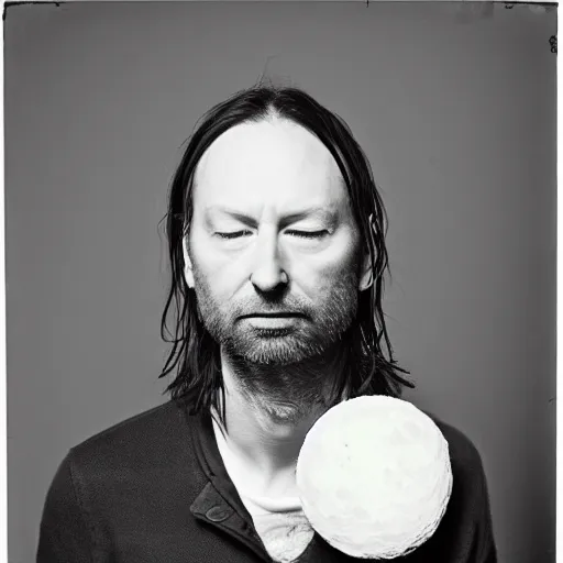 Image similar to Radiohead, holding the moon upon a stick, with a beard and a black jacket, a portrait by John E. Berninger, dribble, neo-expressionism, uhd image, studio portrait, 1990s