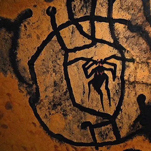 Image similar to a cave painting of spiderman, drum pads, maschine. lascaux cave paintings, chauvet