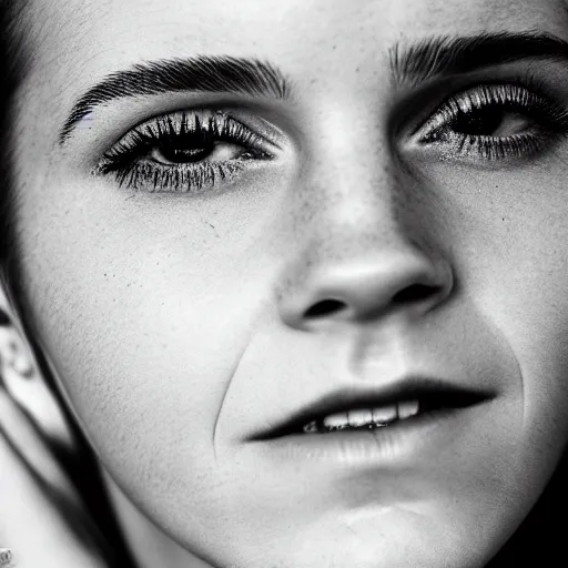 Prompt: Emma Watson, crying, tears, color, headshot, close-up, studio lighting, color photograph, 200mm, canon, f/22