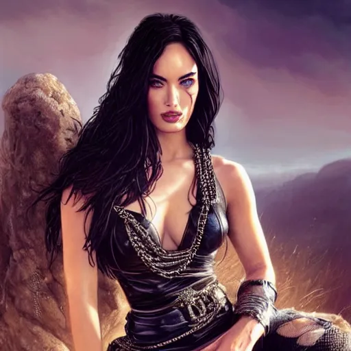 Image similar to a queen is sitting on her throne dressed in chains, looks like megan fox, beautiful highly detailed face, complementary lighting, backlit, black eyeshadow, grinning, adventure, dramatic lighting, landscape background, beautiful painting by artgerm and greg rutkowski and raymond swanland