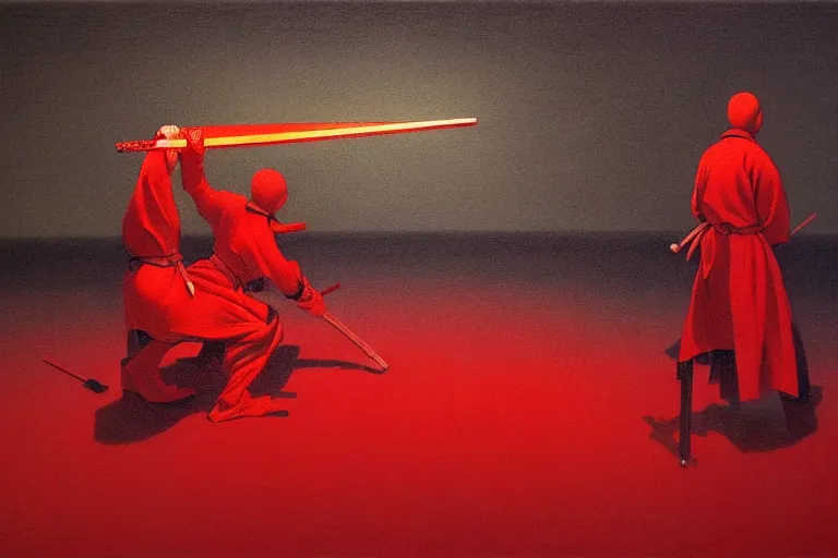 Image similar to only with red, a red samurai harakiri, tokio, a lot of frogs watch, in the style of beksinski, parts by edward hopper, parts by rodcenko, parts by yue minjun, intricate and epic composition, red by caravaggio, insanely quality, highly detailed, masterpiece, red light, artstation, 4 k