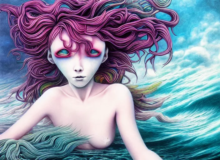 Prompt: realistic detailed image of a mermaid with rainbow hair swimming in an angry, stormy sea, anime art, anime, inspired by Mark Ryden and Zdzislaw Beksinski, gothic, rich deep colors. A masterpiece.