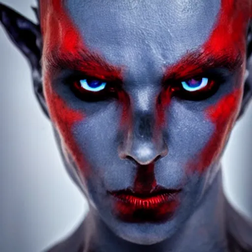 Image similar to Dark elf with red eyes and blue skin