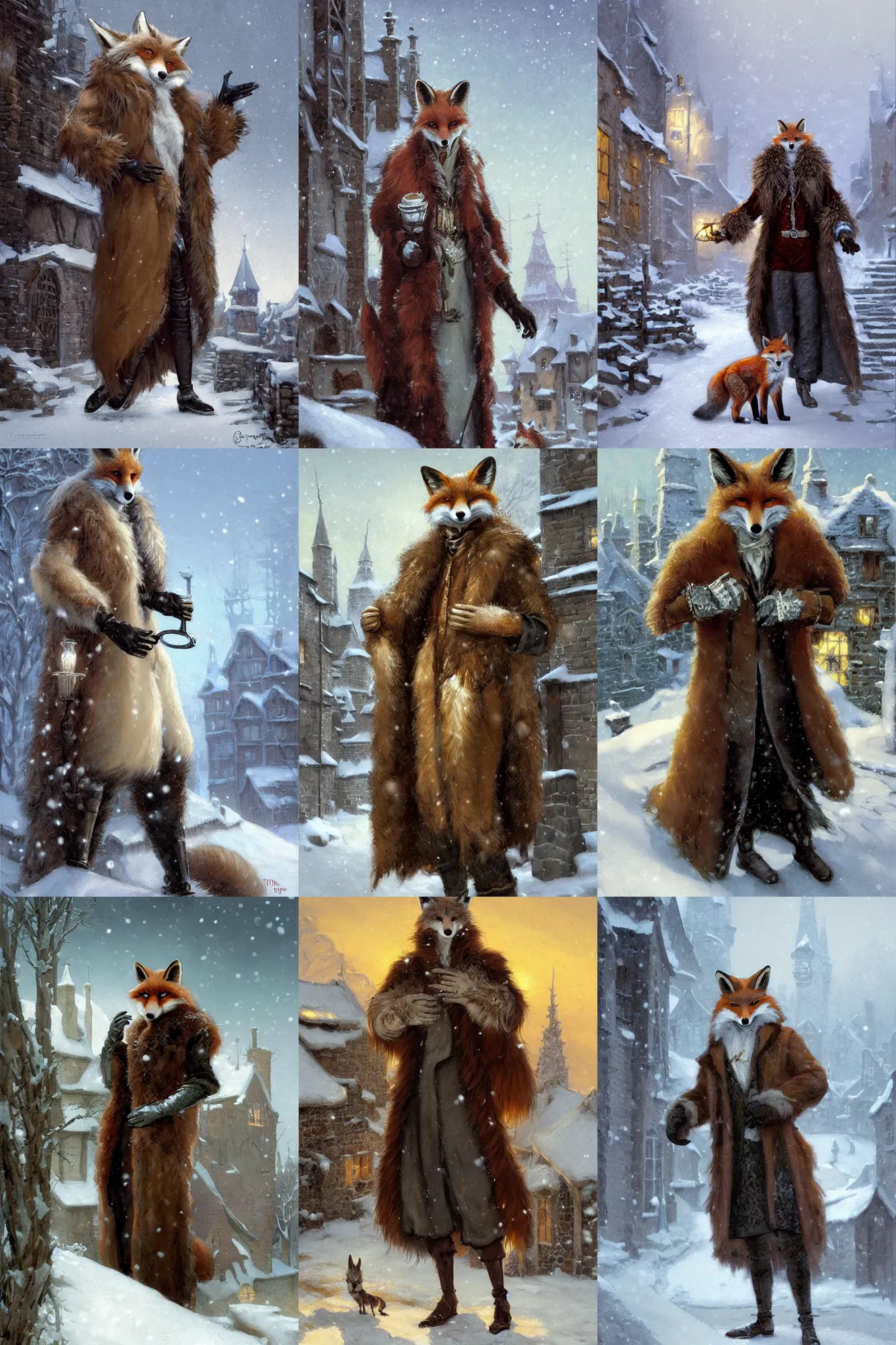 Prompt: an anthropomorphic fox man wearing a long fur coat and gloves in a snowy village, character illustration by greg rutkowski, thomas kinkade, Howard Pyle, El Greco, Cynthia Sheppard