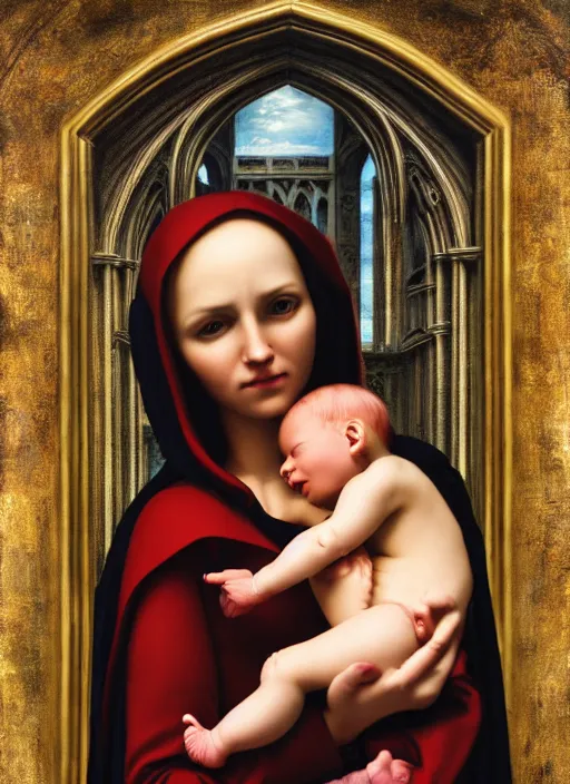 Image similar to realistic detailed 8k photo of futuristic holy cyborg-mother holding a newborn baby child in hands by Raphael Santi, Neo-Gothic, gothic, rich deep colors. masterpiece