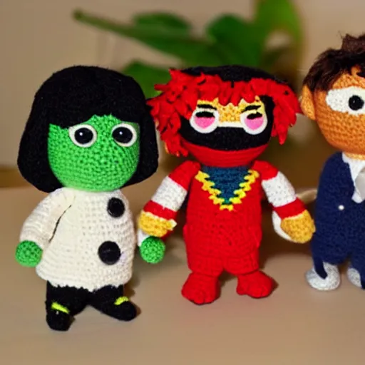 Prompt: toy beatles group created with crochet wool playing music