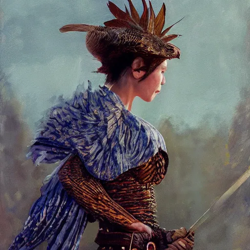 Image similar to a pheasant is girded with a belt, a sword hangs on the belt, by lily seika jones , rivuletpaper art, top cinematic lighting, cinematic mood, very detailed, shot in canon, by Viktor Vasnetsov, oil painting, harsh fairy tale, soft style, hyperrealism, beautiful, high resolution, trending on artstation,