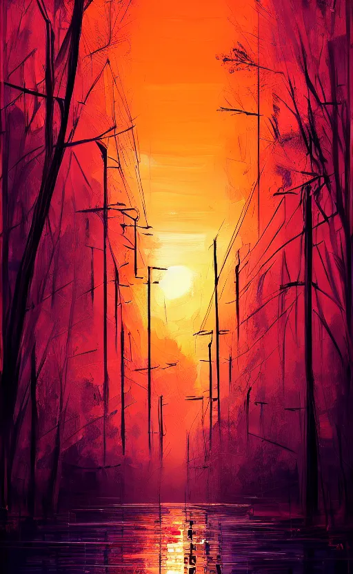 Image similar to a beautiful illustration of a sunset, art of alena aenami, featured on artstation, vertical orientation, paint brush strokes, expressionism, brushstroke - laden