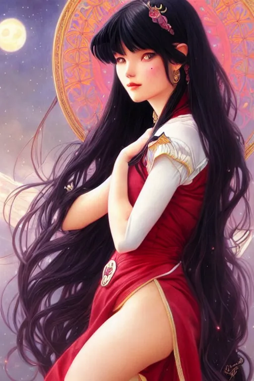 Image similar to a beautiful princess, long black hair and bangs, sailor mars aesthetic, fantasy, intricate, elegant, highly detailed, digital painting, artstation, concept art, matte, sharp focus, illustration, art by Artgerm and Greg Rutkowski and Alphonse Mucha