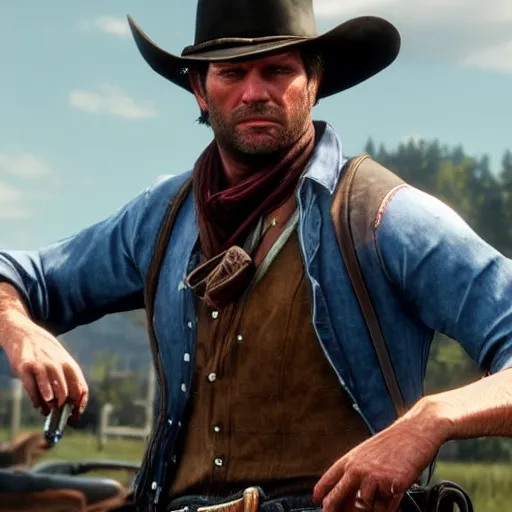 Image similar to arthur morgan from red dead redemption 2 driving a car realistic