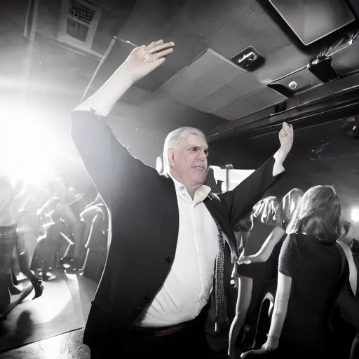 Image similar to prince andrew dancing in a nightclub, sweaty, wide angle, 14mm