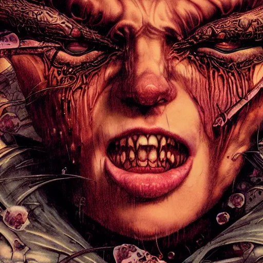 Image similar to closeup of face melting, vampire, by yoichi hatakenaka, masamune shirow, josan gonzales and dan mumford, ayami kojima, takato yamamoto, barclay shaw, karol bak