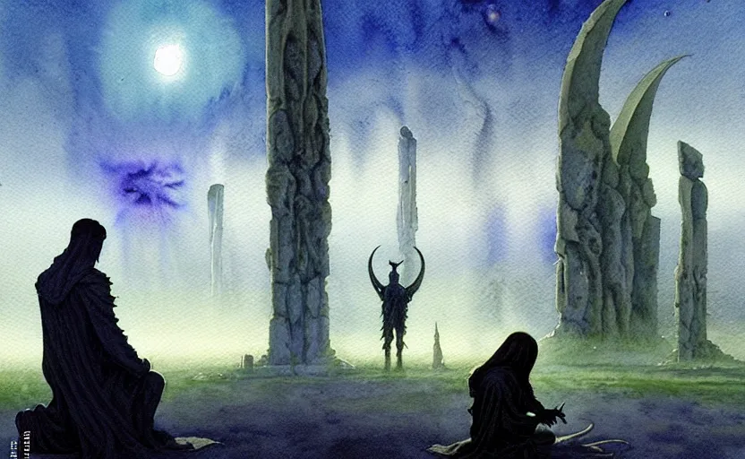 Prompt: a hyperrealist watercolour character concept art portrait of a pagan worshipper kneeling down in prayer in front of a tall elegant lovecraftian alien on a misty night in stone henge. a battlecruiser starship is in the background. by rebecca guay, michael kaluta, charles vess and jean moebius giraud