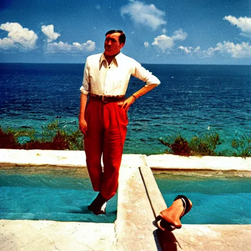 Image similar to adolf hitler enjoying the summer in cuba, photo made by Slim Aarons, award winning,