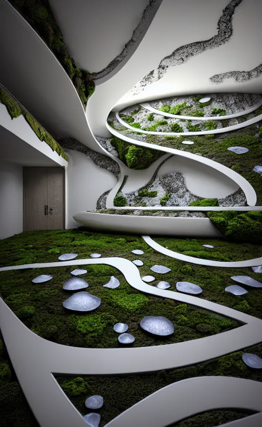 Image similar to highly detailed ultra sharp 3 d render villa interior cinematic composition of a smooth ceramic porcelain biomorphic magnolia stone nebula fluid fractal sci - fi surreal architecture landscape, granite, metallic, magnesium, marble, moss and lichen, vincent callebaut composition, mamou - mani, archviz, beautiful lighting, 8 k, unreal engine, hdr,