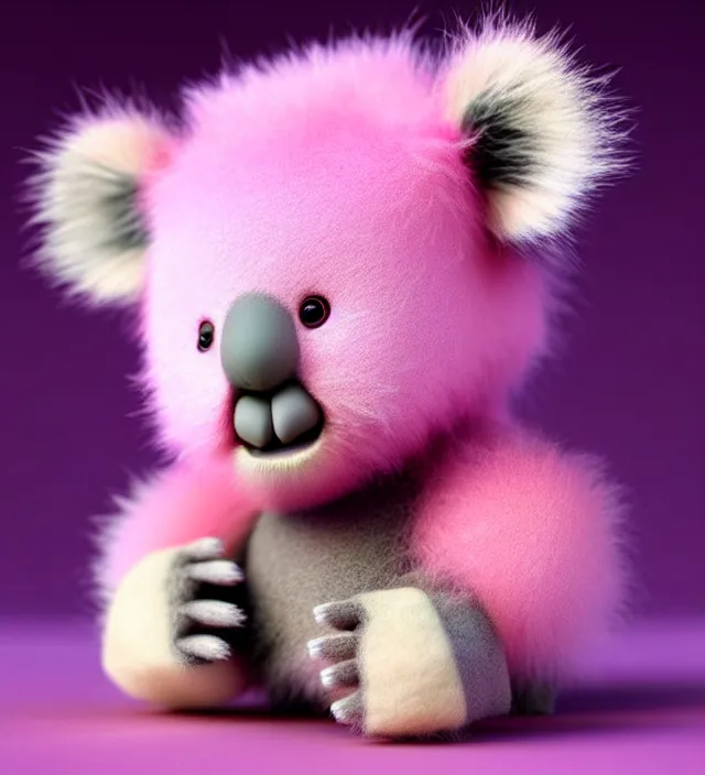 Image similar to high quality 3 d render hyperrealistic very cute small pink koala dj, fog, steam, smoke, plush mascot, short spiky dense fluffy smooth hair, photo from the side, pink fluffy fur, 1 5 0 mm, beautiful natural soft light, rim light, smooth background, artstation, ultra detailed, elegant, ultra detailed, metallic armor, octane render