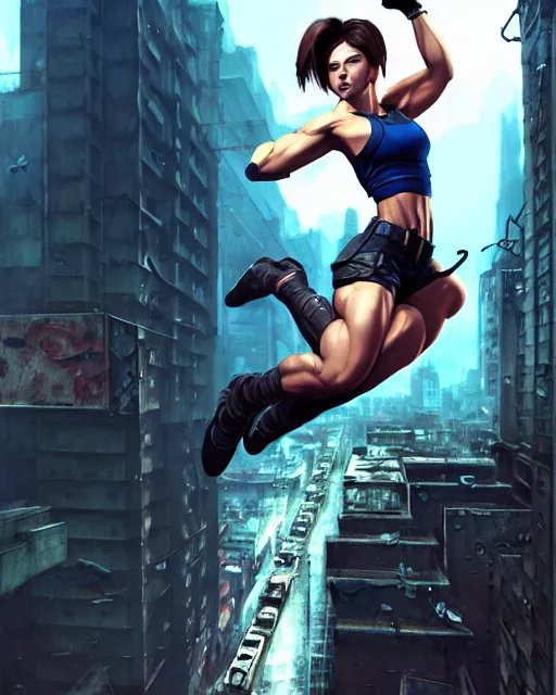 Image similar to gigachad jill valentine bodybuilder jumping from a building fighting with a rope in racoon city, fantasy character portrait, ultra realistic, anime key visual, full body concept art, intricate details, highly detailed by greg rutkowski, ilya kuvshinov, gaston bussiere, craig mullins, simon bisley