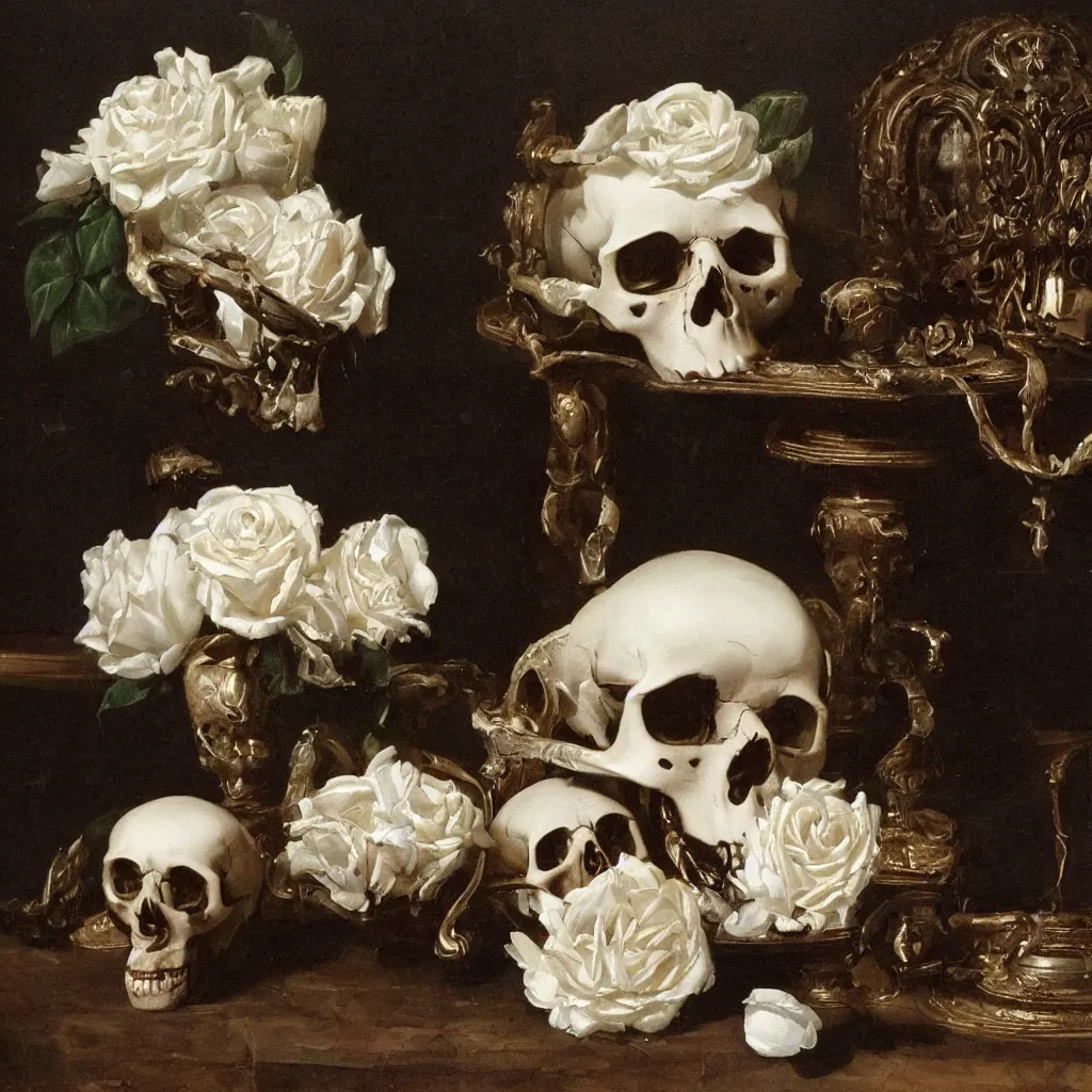 Prompt: A classical oil still-life painting of a skull sitting on a table in a dark room with white roses coming out of the skull's eyes and white diamonds scattered on the table, ornate black lace backdrop, gritty gothic style, wide shot