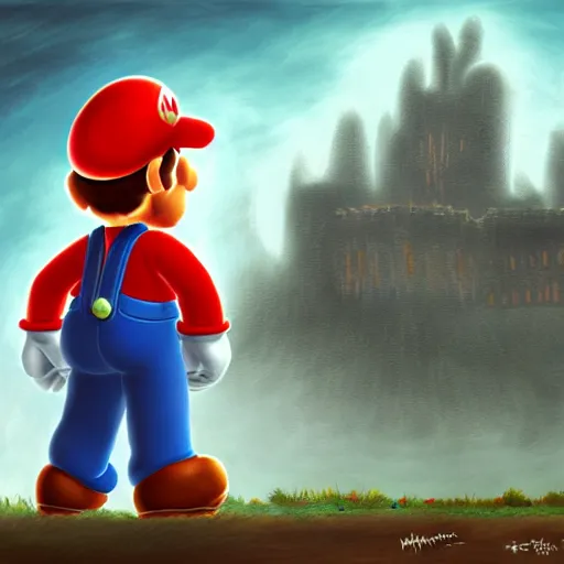 Image similar to concept art of mario from super mario bros in a ruined kingdom, resident evil, horror, occult, terror, mist, volumetric render, zoomed out wide angle digital painting, detailed painting