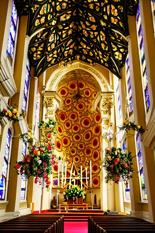 Image similar to photo inside a church full of flowers, ornate, highly detailed