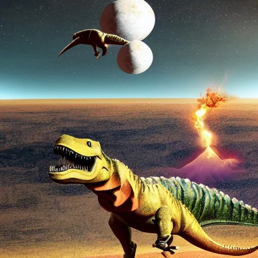 Prompt: dinosaurs falling from a flat disk shaped earth because of a meteor