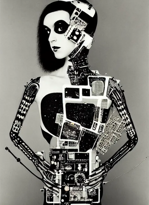 Image similar to Portrait of a punk goth fashion fractal cosmonaut girl with a television head wearing kimono made of circuits and leds, surreal photography by Man Ray