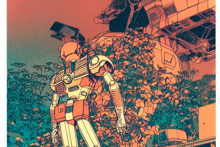 Image similar to risograph grainy drawing vintage sci - fi, satoshi kon color palette, gigantic gundam, covered with exotic flora, 1 9 8 0, kodachrome, natural colors, comicbook spreadsheet, codex seraphinianus painting by moebius and satoshi kon and dirk dzimirsky close - up portrait