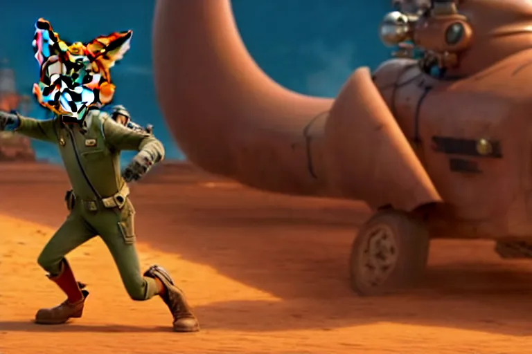 Image similar to nick wilde ( from zootopia ), heavily armed and armored facing down armageddon in a dark and gritty reboot from the makers of mad max : fury road