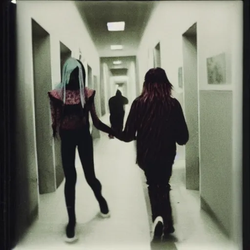 Image similar to A creepy polaroid photo of skinny Willem dafoe chasing billie eilish down a hallway