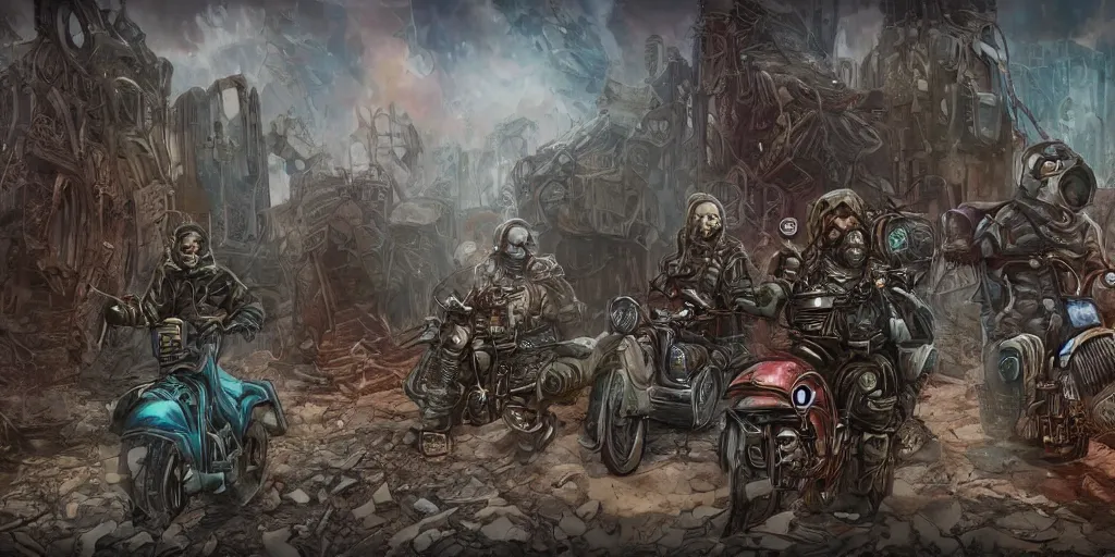 Prompt: psychedelic post apocalyptic orcish biker gang, scifi city ruins, sharp focus, psychedelic colors, artstation