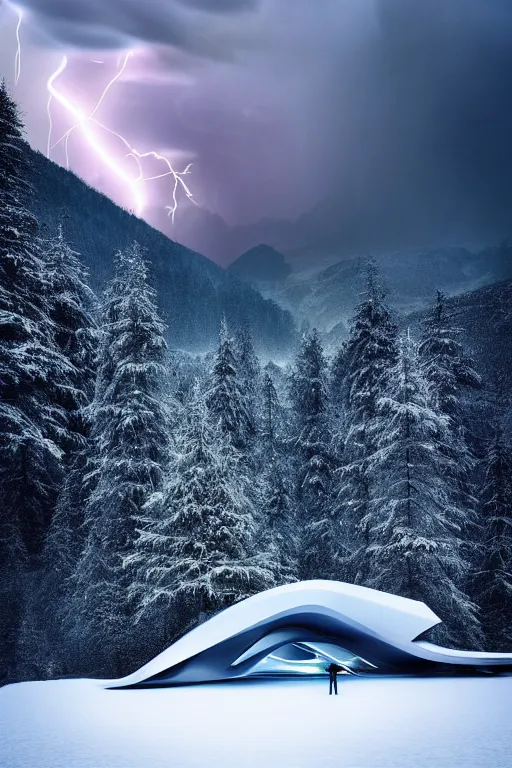 Image similar to a futuristic scene in front of a zaha hadid building in the forrest of the french alps mountains in the style of chris moore, stormy weather with lightning, neon lightning, cinematic matte painting, extreme detail 8 k photo quality, dark moody colors, snowfall, featured on behance