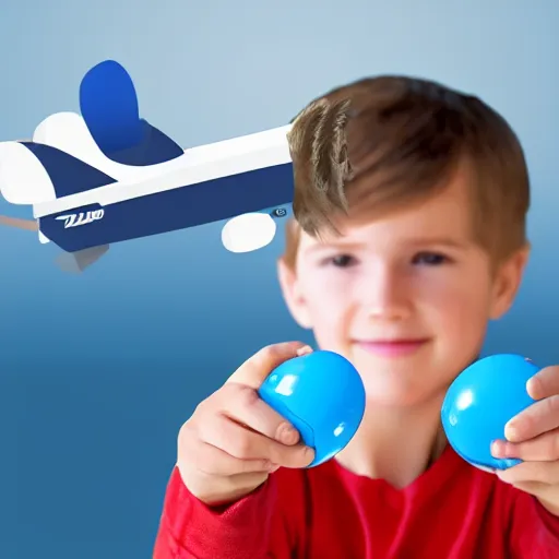 Image similar to boy holding airplane toy in his hand. hands, face, fingers. detailed, realistic, photorealistic.