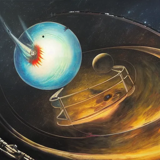 Image similar to atompunk basketball sailing across the infinite cosmos, grand scale, galaxy beyond, blackhole sun, explosive energy, painting by h. r. giger, sharp focus, 4 k, unimaginable composition