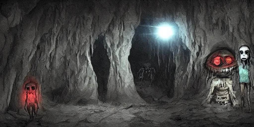 Prompt: a deep cave with skinny monster men hiding in the darkness, glowing reflective eyes, horror movie The Decent