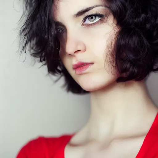 Image similar to a photo of a young woman with short wavy black hair. moody and melanchonic. with a little bit of red and yellow