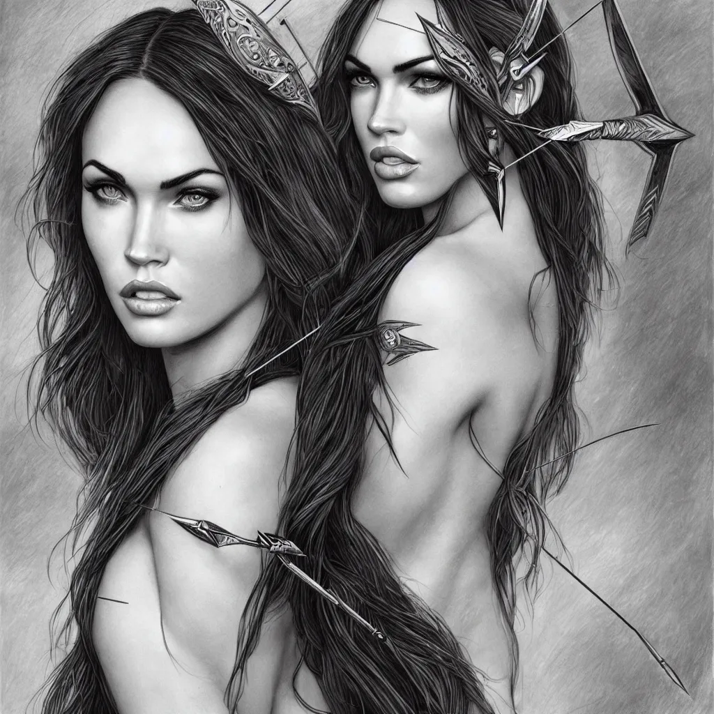 Image similar to portrait of beautiful megan fox as greek goddess aphrodite, archer, arrow on the head, beautiful piercing eyes, flowing blonde hair, realistic face, black and white drawing, in the style of greg rutkowski, fantasy, amazing detail, epic, intricate, elegant, smooth, sharp focus