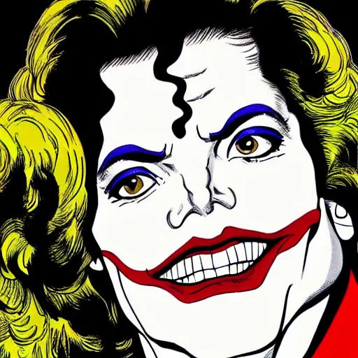 Image similar to dynamic macro head portrait of beautifu michael jackson as the joker in white sequined jacket by john romita sr and cory walker and ryan ottley and jack kirby and barry windsor - smith, comic, illustration, photo real