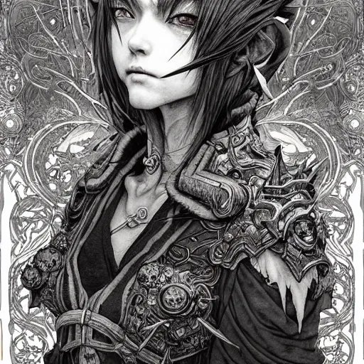 Image similar to prompt: World of Warcraft character portrait drawn Vania Zouravliov and Katsuhiro Otomo and Takato Yamamoto, inspired by Fables, magical and alchemical weapons, soft light, intricate detail, photorealistic style, intricate detailed oil painting, detailed illustration, oil painting, painterly feeling, intricate ink painting detail, sharp high detail, manga and anime 2000