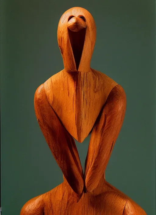 Image similar to realistic photo portrait of the a sculpture of a person morphing into a bird made of wood, poorly designed standing in the wooden polished and fancy expensive wooden interior room 1 9 9 0, life magazine reportage photo