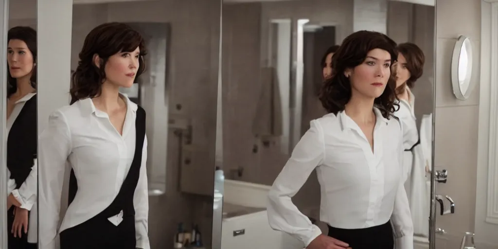 Image similar to ultra wide angle photo of mary elizabeth winstead dressed in a white blouse and black dress pants as diana prince looking at herself in a bathroom mirror and seeing her reflection as wonder woman