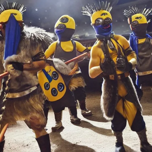 Prompt: Minions dressed as gladiators, fighting lions in Colisium