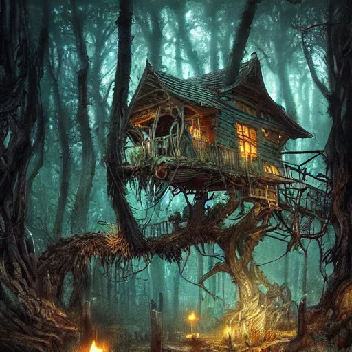 Image similar to dilapidated broken down treehouse, tucked within the witchwood forest, evil fairies, overgrown, detailed intricate ink illustration, dark atmosphere, detailed illustration, hd, 4k, digital art, overdetailed art, concept art, by greg rutkowski, by loish, complementing colors, Trending on artstation, deviantart