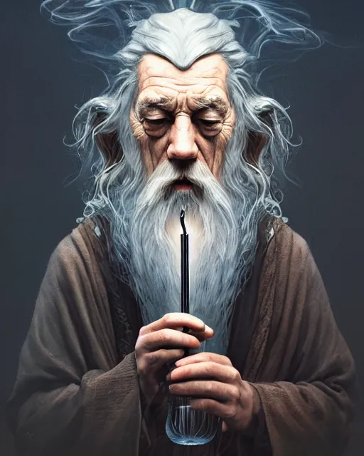 Prompt: portrait of gandalf smoking bong, intricate abstract. intricate artwork, by tooth wu, wlop, beeple, dan mumford. concept art, octane render, trending on artstation, greg rutkowski very coherent symmetrical artwork. cinematic, key art, hyper realism, high detail, octane render, 8 k, iridescent accents