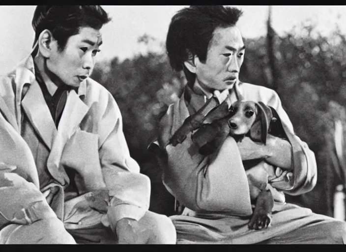 Prompt: stills from akira kurosawa's 1 0 7 dachshunds,