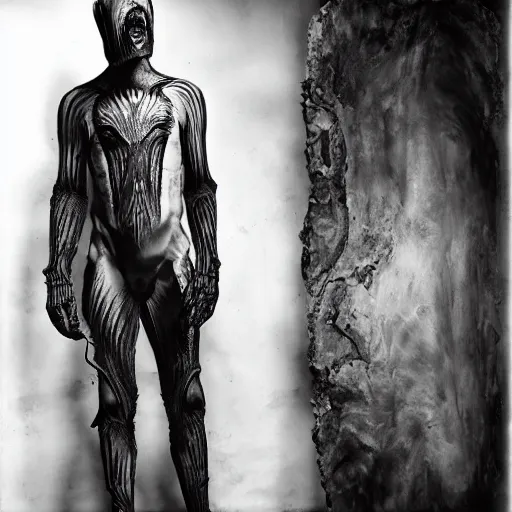 Prompt: high fashion male model runway photography high concept clothing inspired by h. r. giger paintings, film camera, canon eos, horror