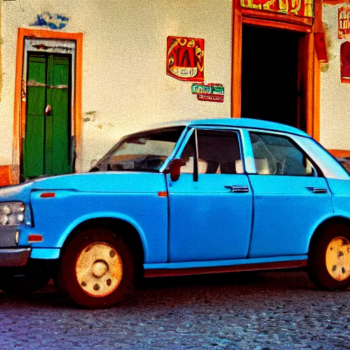 Image similar to close-up shot of car in russian small town, low angle, velvia film, cinestill,f 1,6, blur, by William Eaglstone