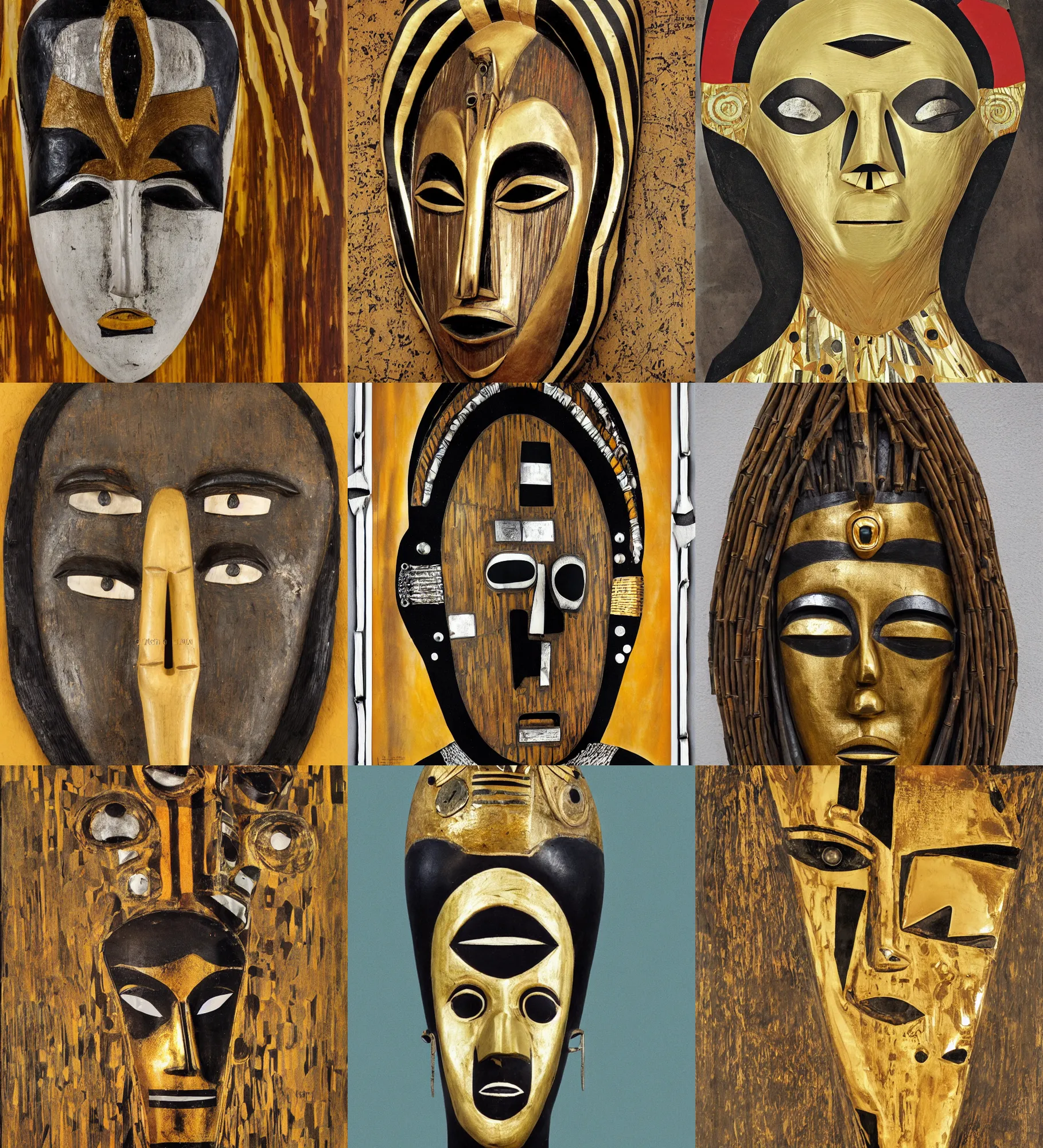 Prompt: horror simple african mask, hi tech, nano technology, industry, movie poster from 1960s, propaganda poster, wood clay marble ivory crow head eyes bamboo, golden and silver jewerly, low poly, brutal modern sculpure, gustav klimt